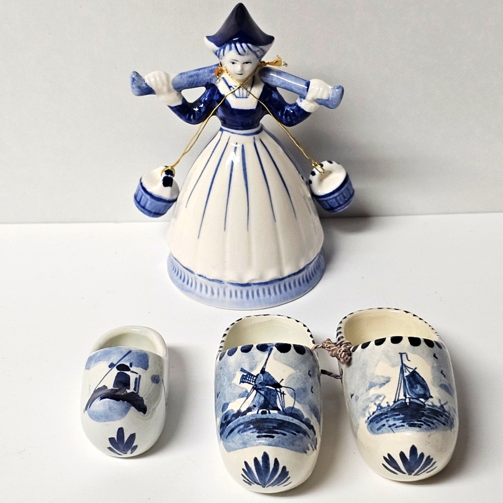 Vintage Delft Blue Dutch Milkmaid figurine bell & Mini Clogs